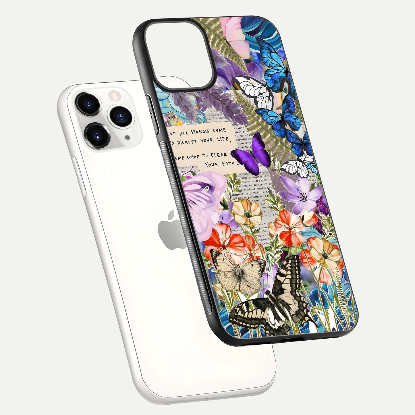 Storm Path Bloom Glass Case for iPhone 11 Pro floating dual-view mockup displaying gloss and pattern depth