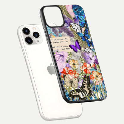 Storm Path Bloom Glass Case for iPhone 11 Pro floating dual-view mockup displaying gloss and pattern depth