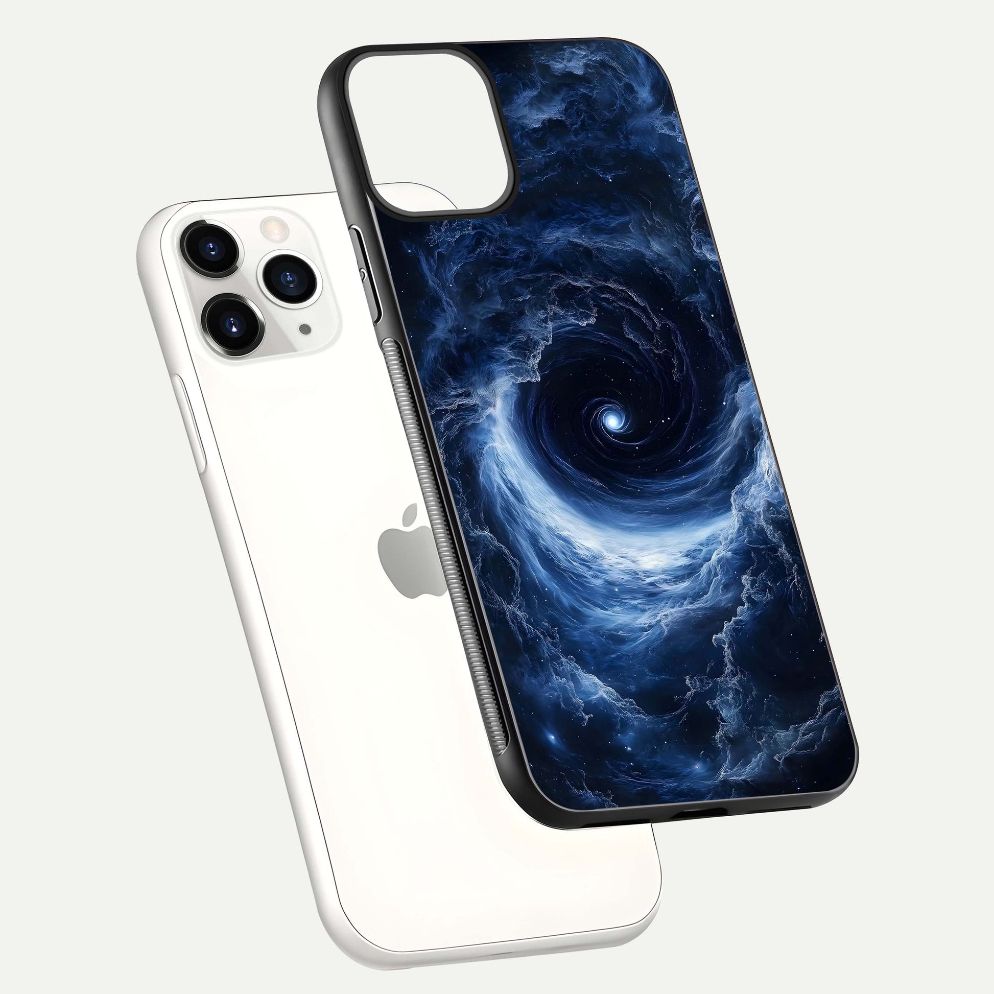 Stunning Galaxy Glass Case for iPhone 11 Pro floating dual-view mockup displaying gloss shine and vivid print depth