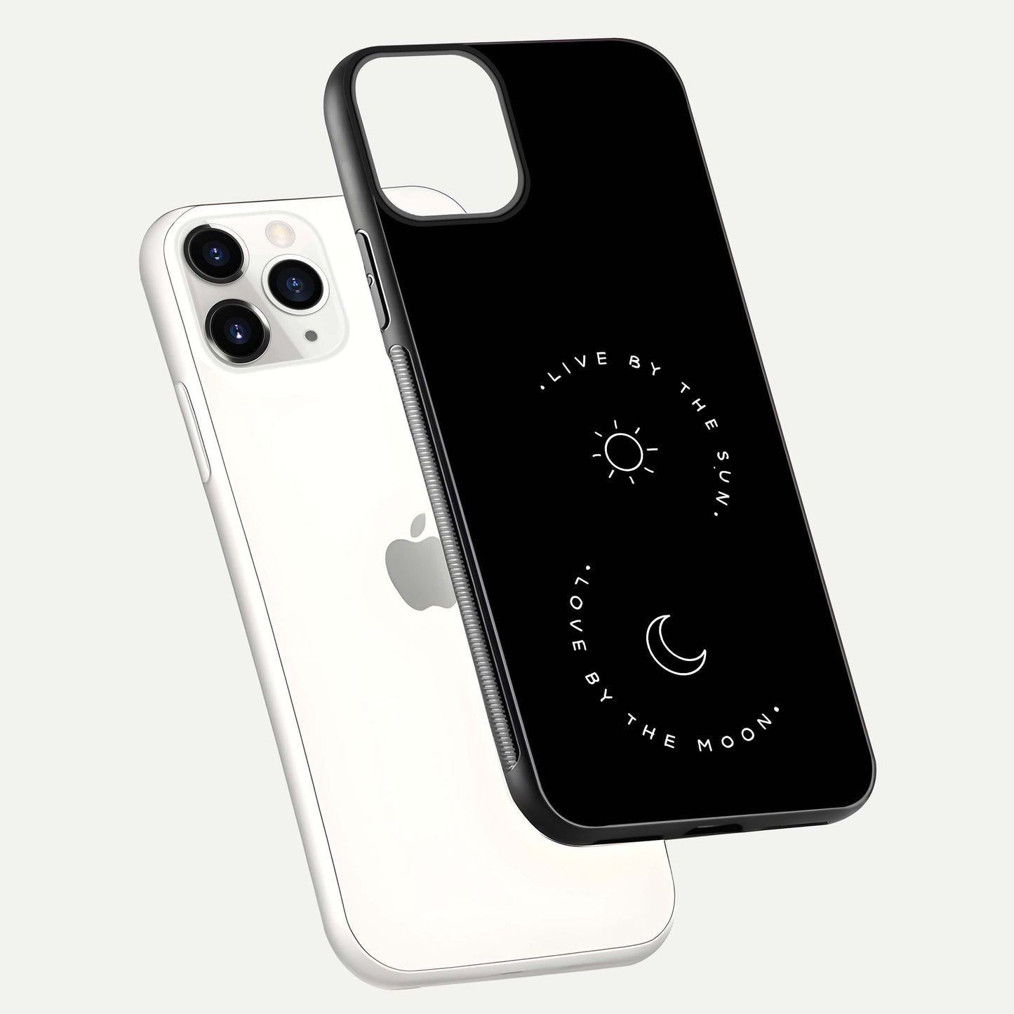Sun Moon Balance Glass Case for iPhone 11 Pro floating dual-view mockup displaying gloss surface and edge clarity