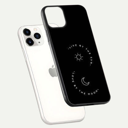 Sun Moon Balance Glass Case for iPhone 11 Pro floating dual-view mockup displaying gloss surface and edge clarity