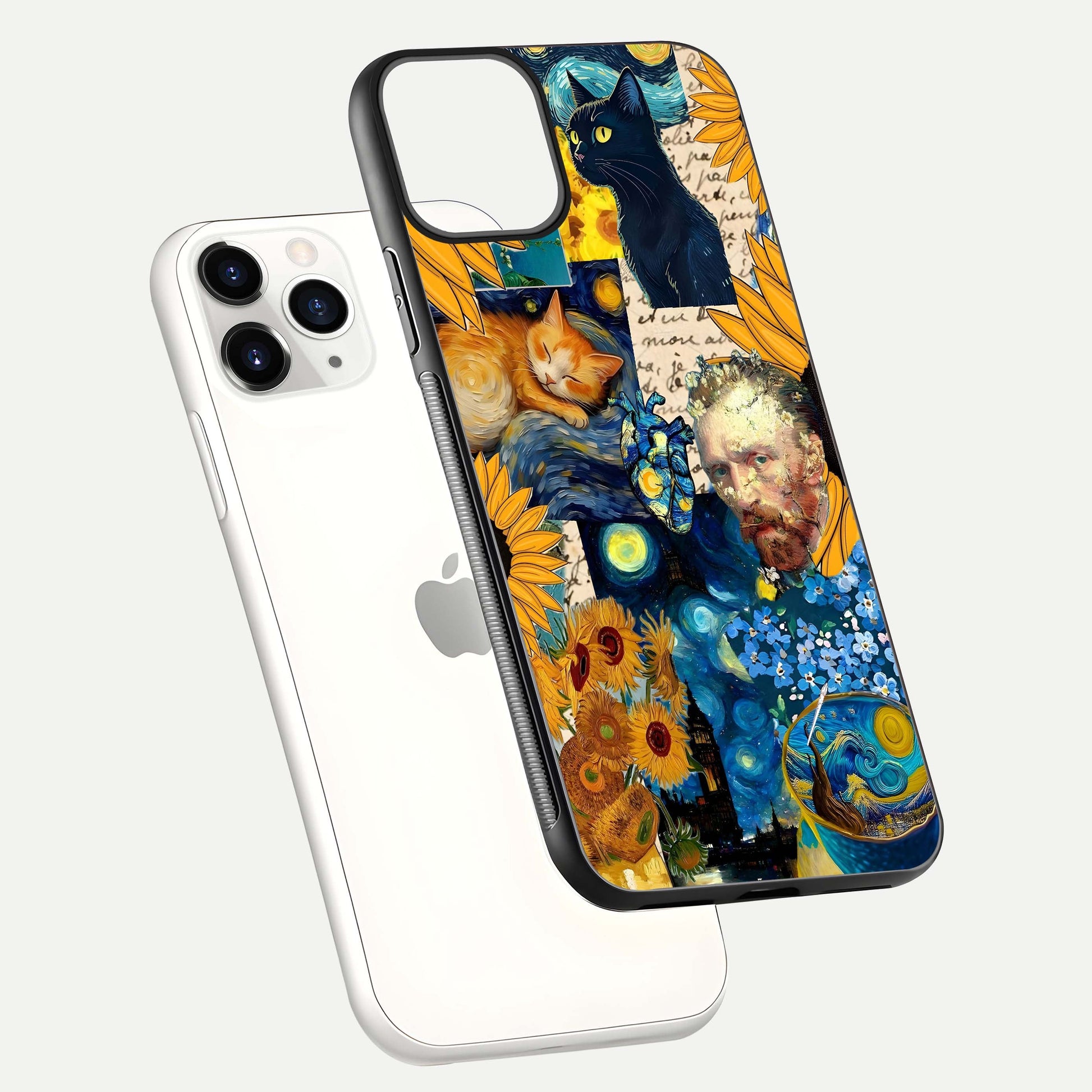 Sunflower Cat Art Glass Case for iPhone 11 Pro floating dual-view mockup displaying gloss shine and HD art print