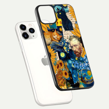 Sunflower Cat Art Glass Case for iPhone 11 Pro floating dual-view mockup displaying gloss shine and HD art print