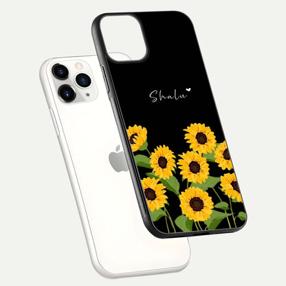 Sunflower Chic Mood Custom Name Glass Case for iPhone 16 Pro floating dual-view mockup displaying gloss texture and detail