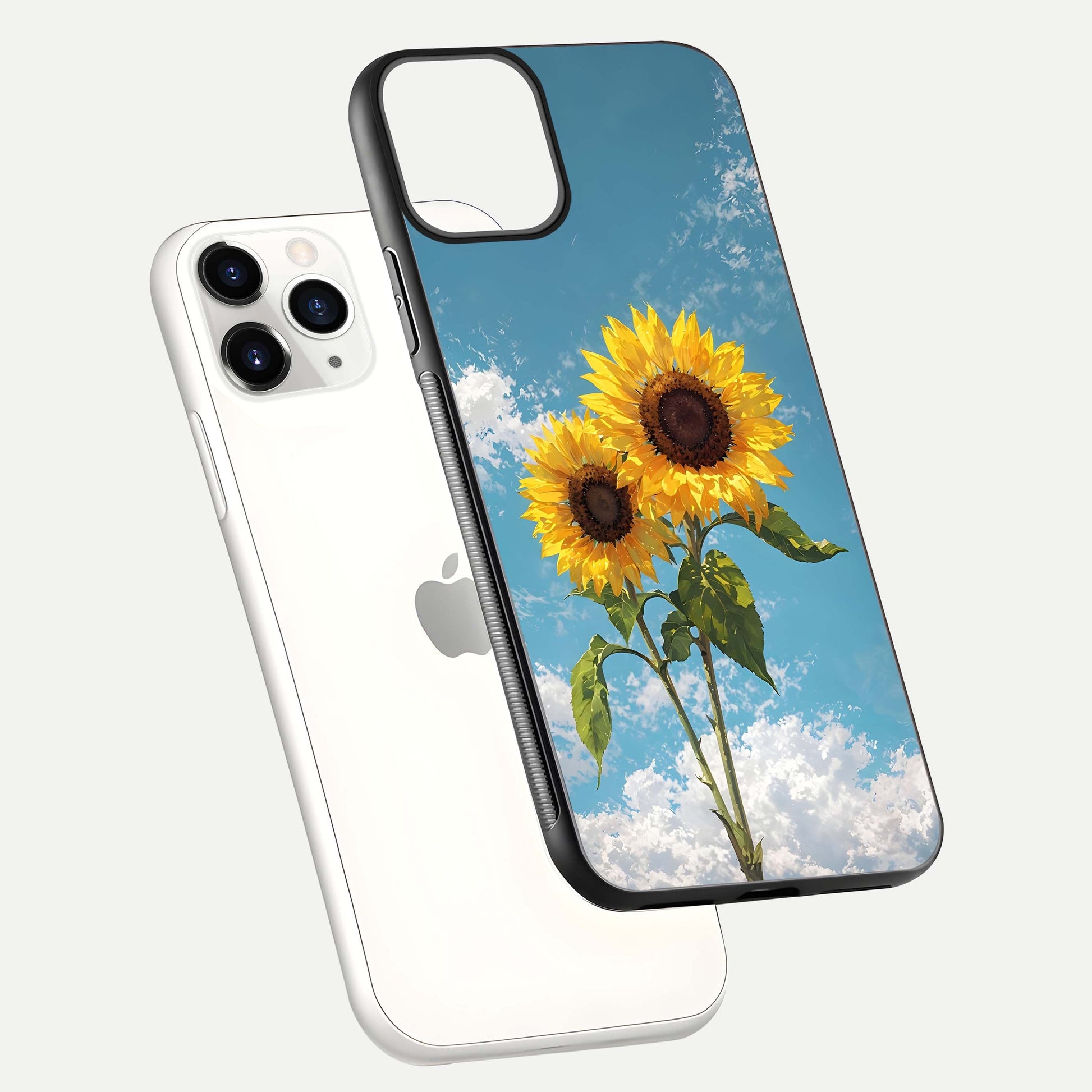 Sunflower Sky Bloom Glass Case for iPhone 11 Pro floating dual-view mockup displaying gloss shine and vibrant texture