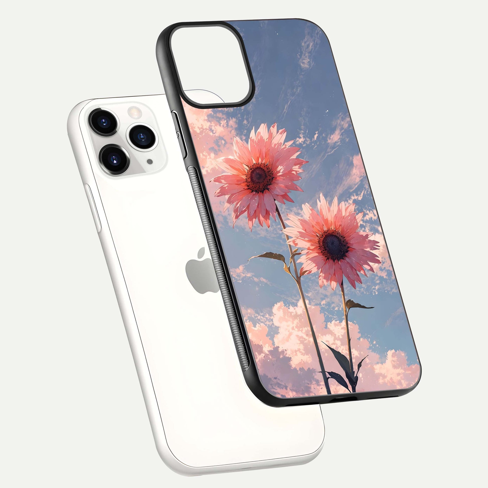 Sunlit Daisy Glow Glass Case for iPhone 11 Pro floating dual-view mockup displaying gloss finish and HD print