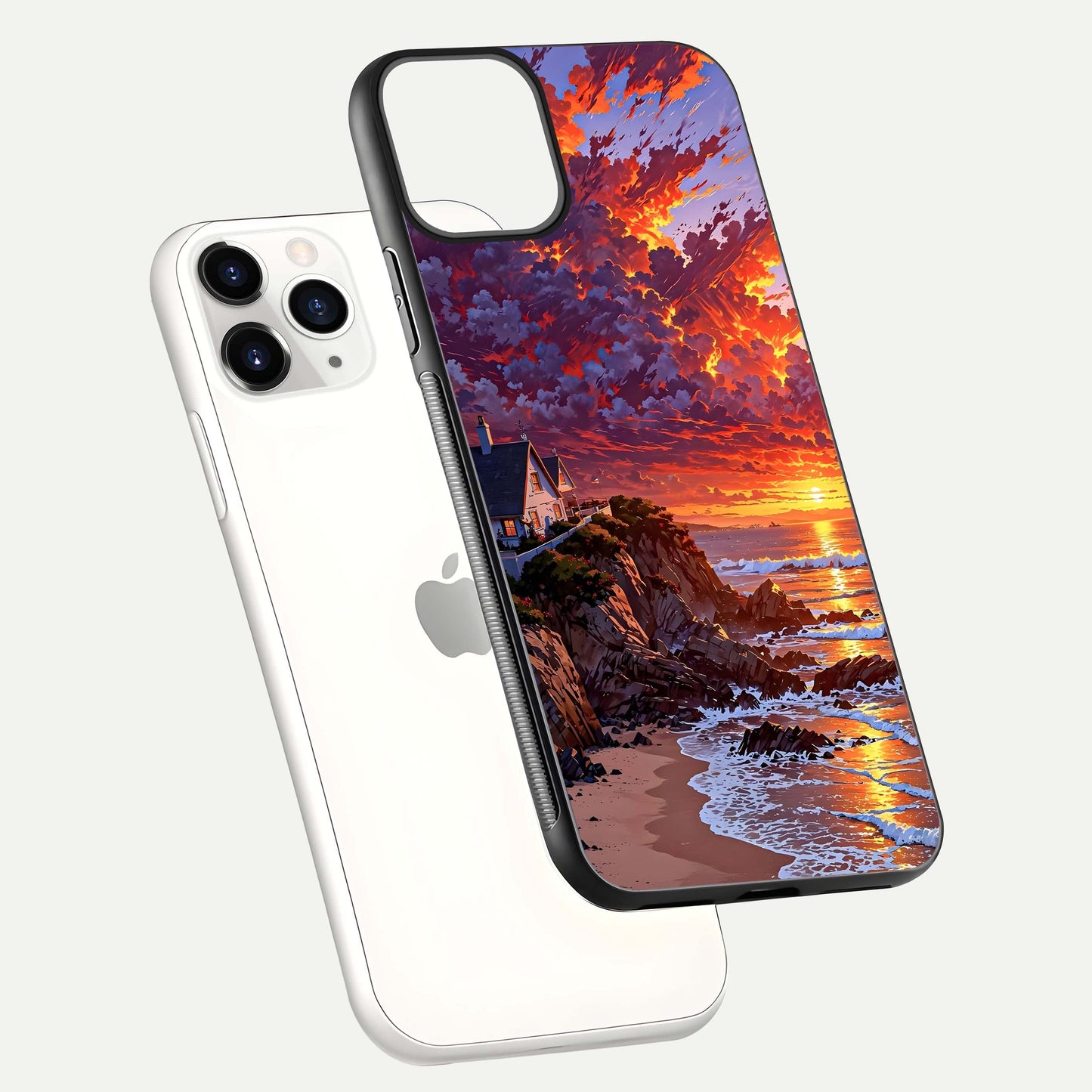 Sunset House by Sea Glass Case for iPhone 11 Pro floating dual-view mockup displaying gloss shine and depth