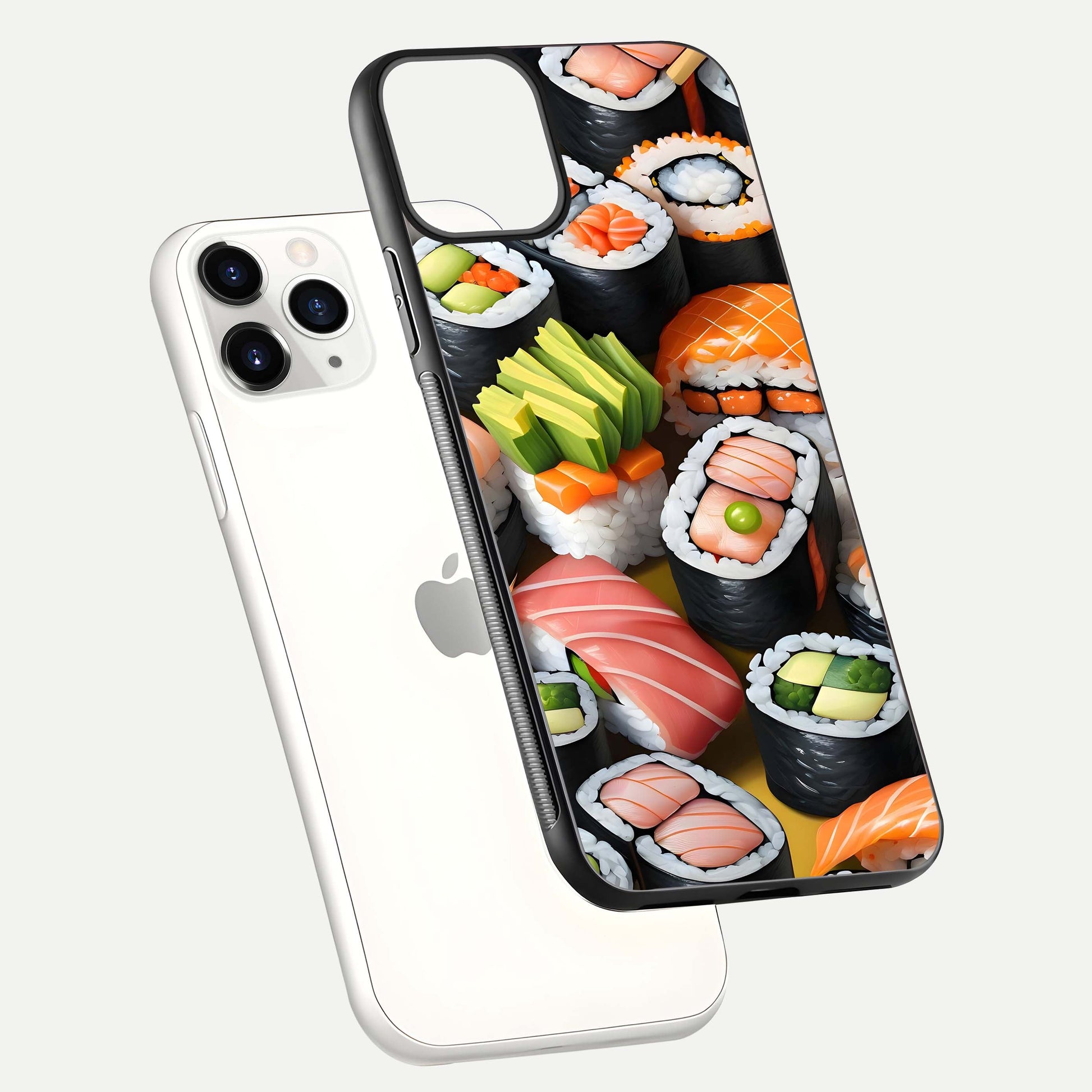 Sushi Food Pattern Glass Case for iPhone 11 Pro floating dual-view mockup displaying gloss and HD pattern
