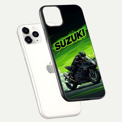 Suzuki Speed Beast Glass Case for iPhone 11 Pro floating dual-view mockup displaying gloss texture and shine