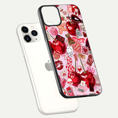 Sweet Cherry Chaos Glass Case for iPhone 11 Pro floating dual-view mockup displaying gloss surface and depth