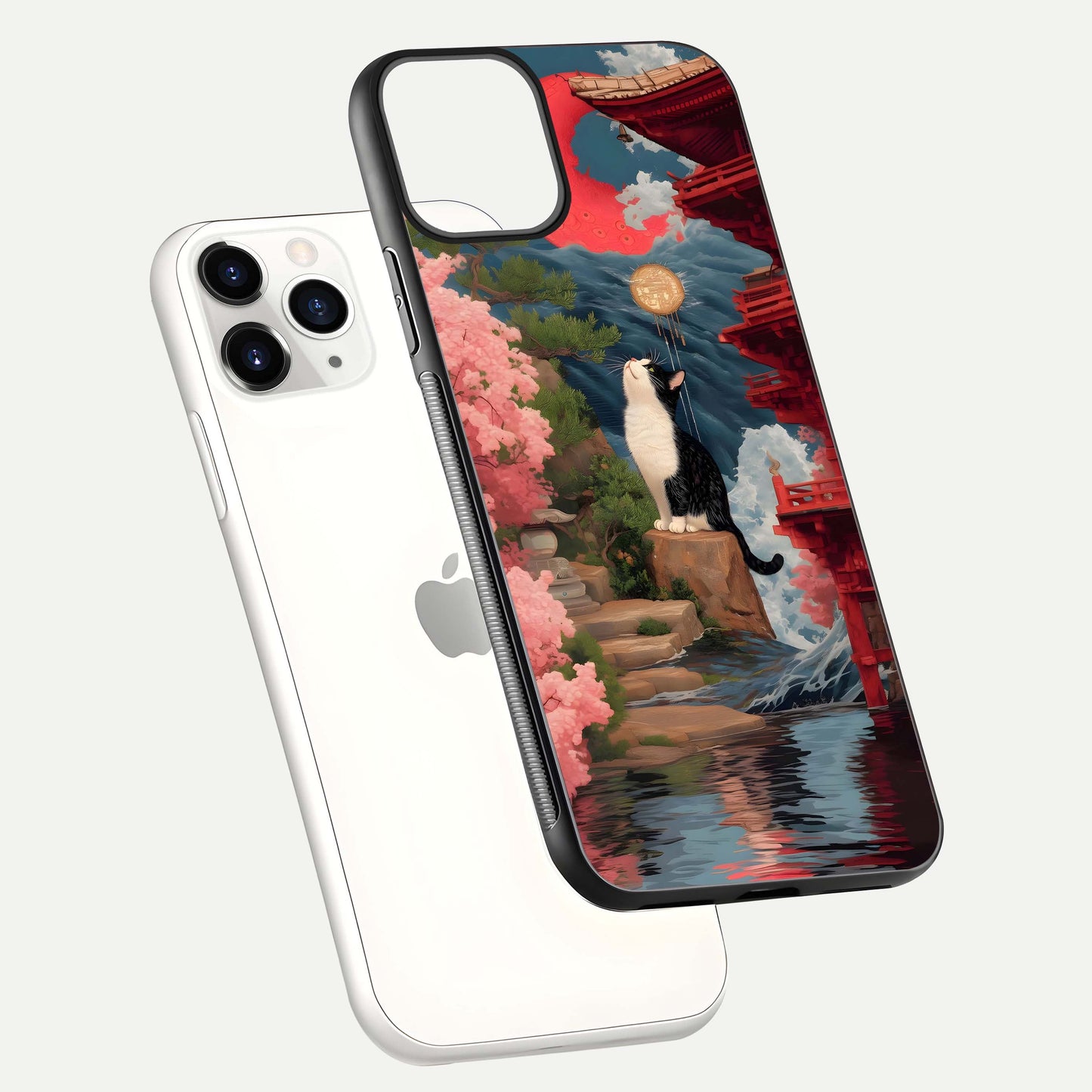 Temple Cat Scenery Glass Case for iPhone 11 Pro floating dual-view mockup displaying gloss and depth detail