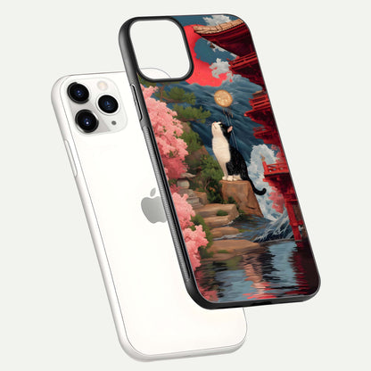 Temple Cat Scenery Glass Case for iPhone 11 Pro floating dual-view mockup displaying gloss and depth detail