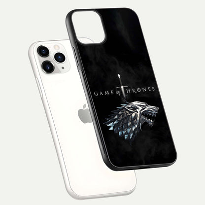 Throne Wolf Legacy Glass Case for iPhone 11 Pro floating dual-view mockup displaying gloss depth and wolf artwork