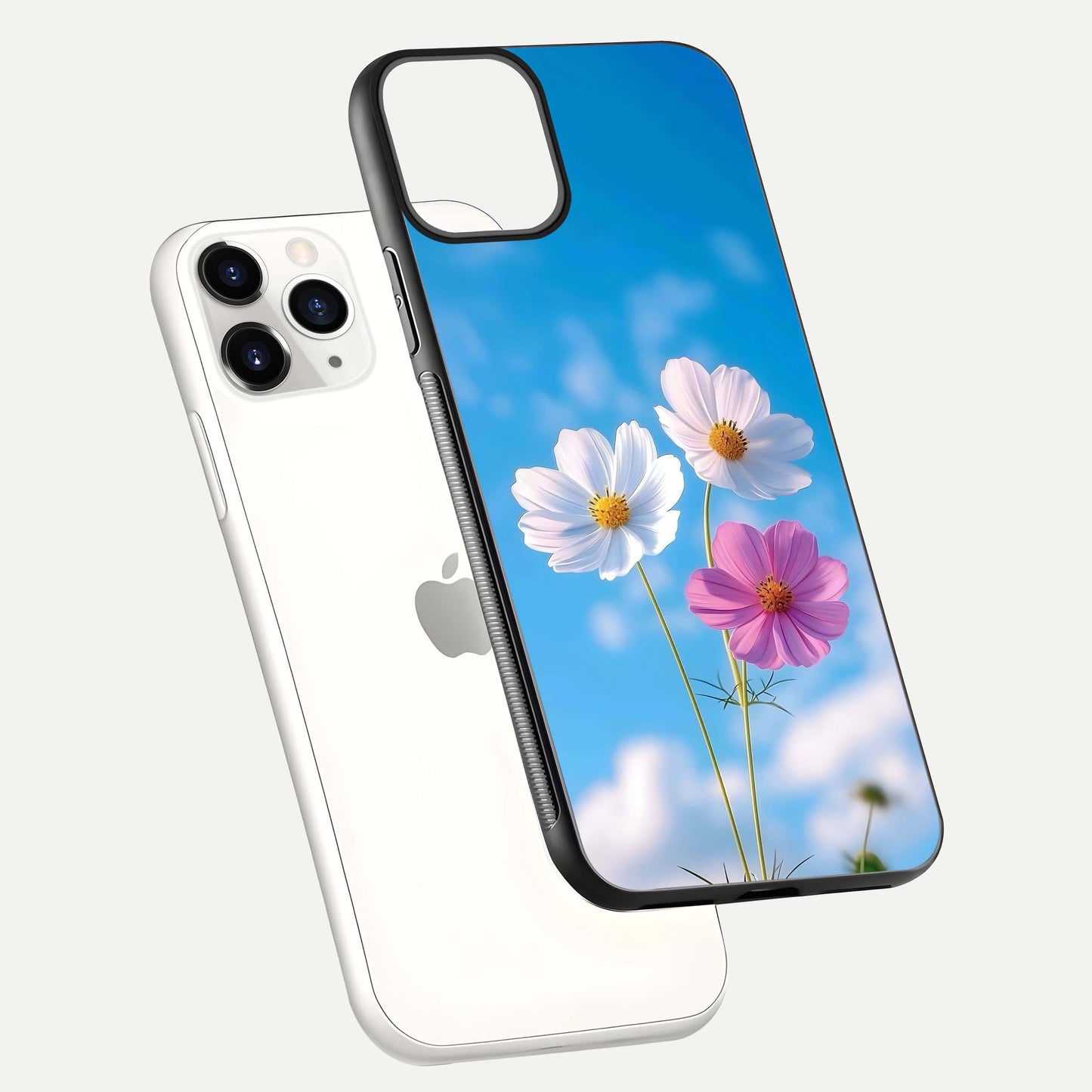 Triple Flowers With Sky Glass Case for iPhone 11 Pro floating dual-view mockup displaying gloss and soft hues