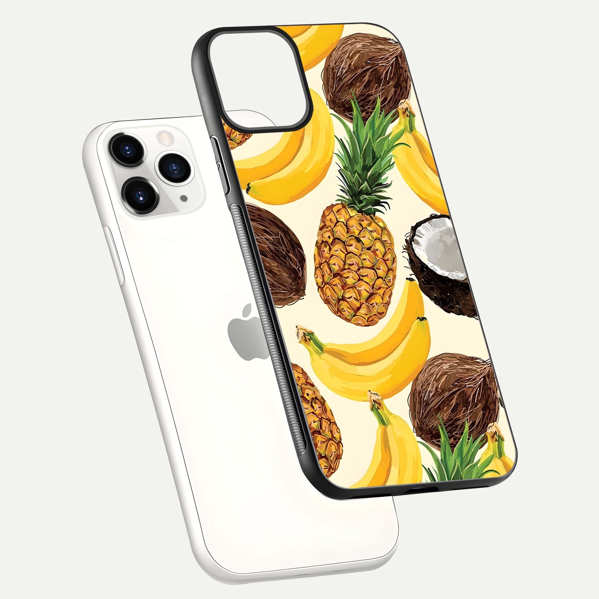 Tropical Fruit Mood Glass Case for iPhone 11 Pro floating dual-view mockup displaying gloss and vibrant colors