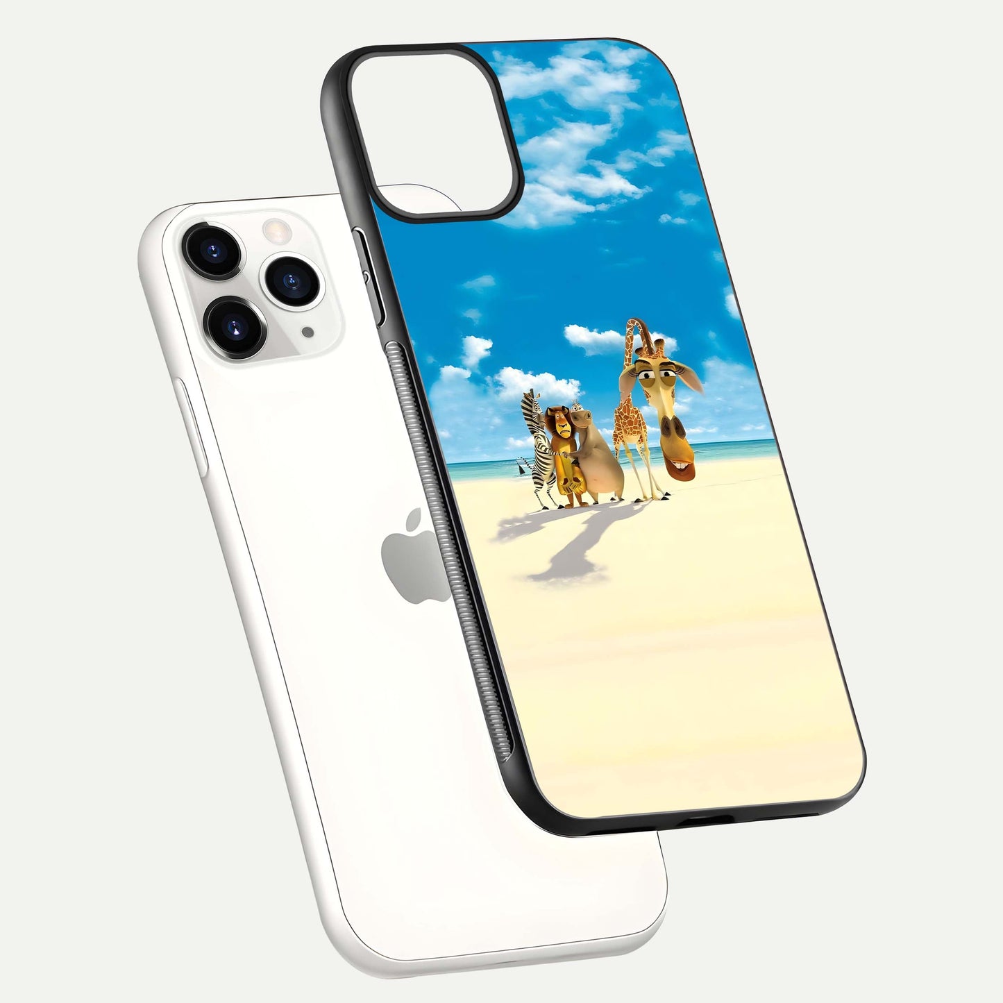 Tropical Fun Squad Glass Case for iPhone 11 Pro floating dual-view mockup displaying gloss reflection and contrast