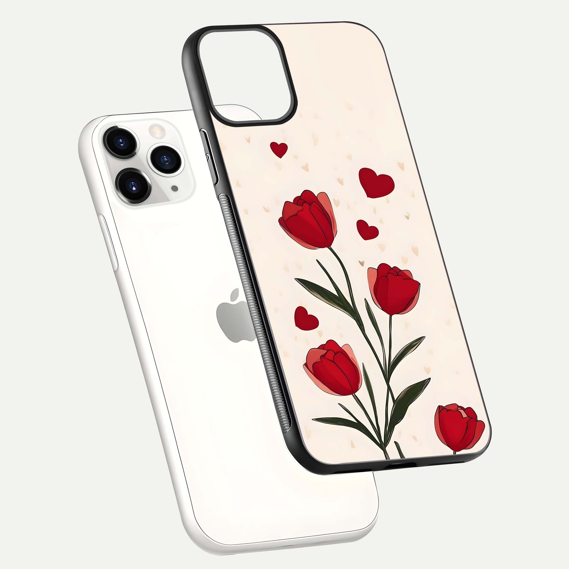 Tulip With Heart Glass Case for iPhone 11 Pro floating dual-view mockup displaying gloss texture and shine