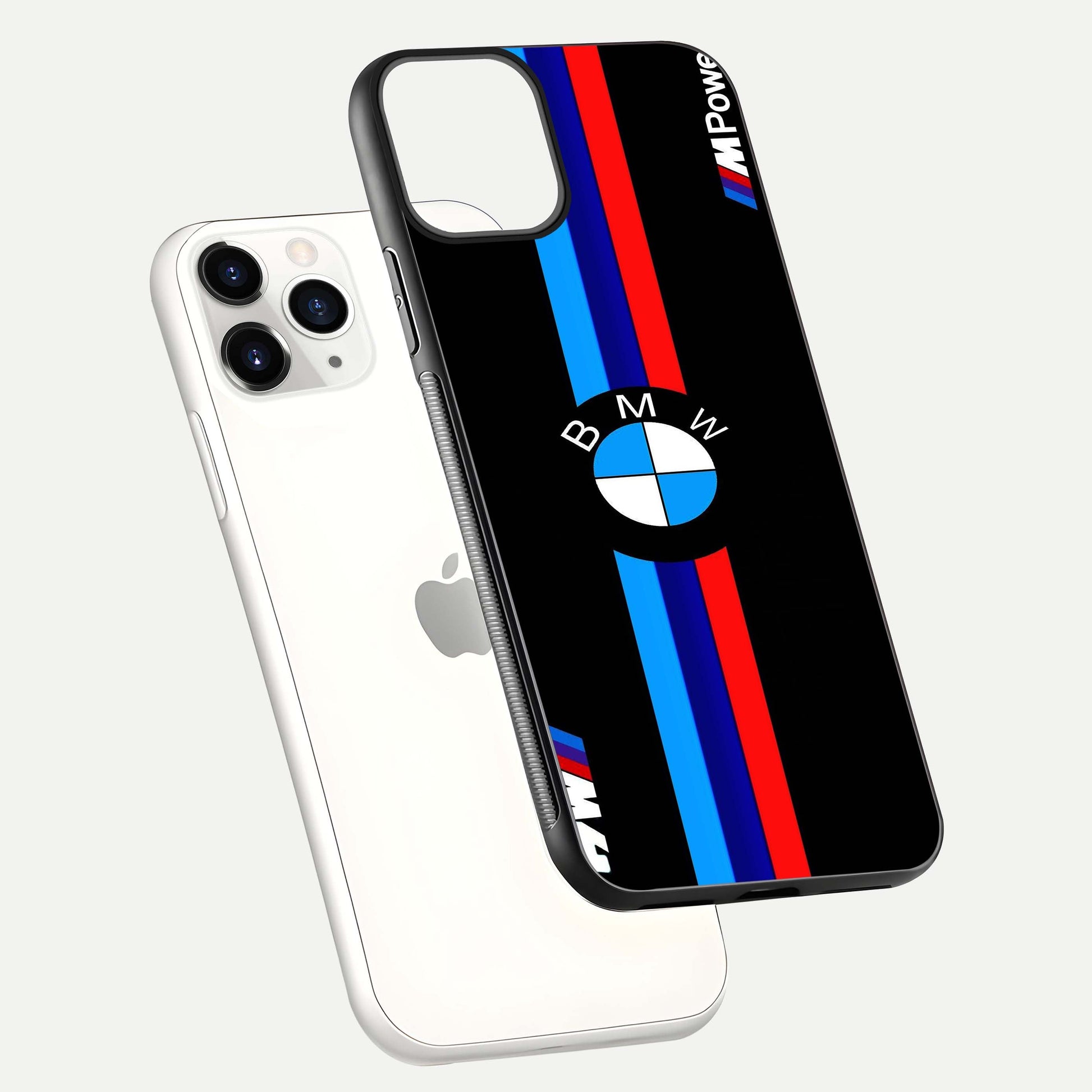 Turbo BMW Beast Glass Case for iPhone 11 Pro floating dual-view mockup displaying gloss texture and vivid print