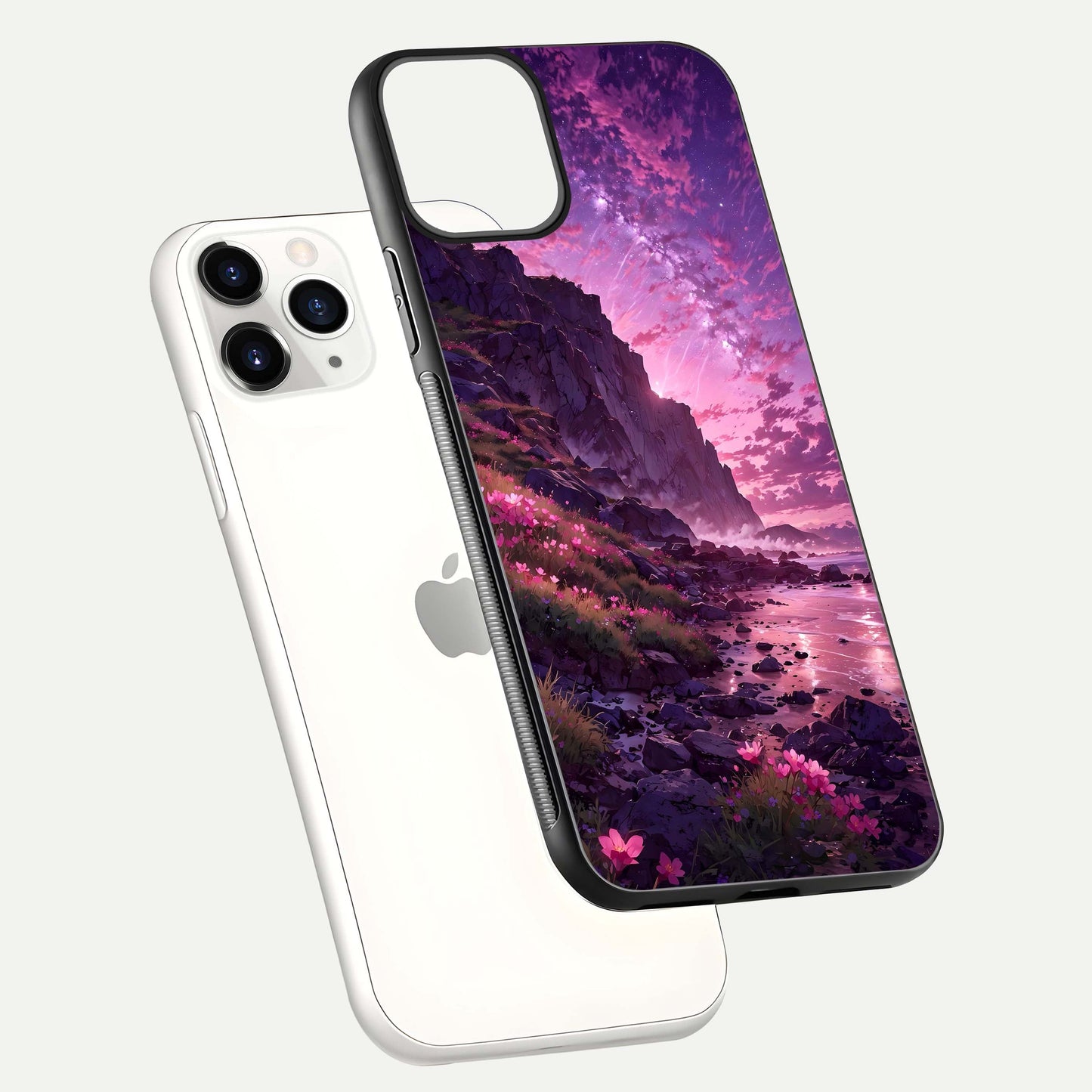 Twilight Blossom Coast Glass Case for iPhone 11 Pro floating dual-view mockup displaying gloss surface and detail