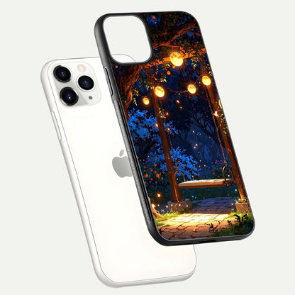 Twilight Garden Swing Glass Case for iPhone 11 Pro floating dual-view mockup displaying gloss and tone balance