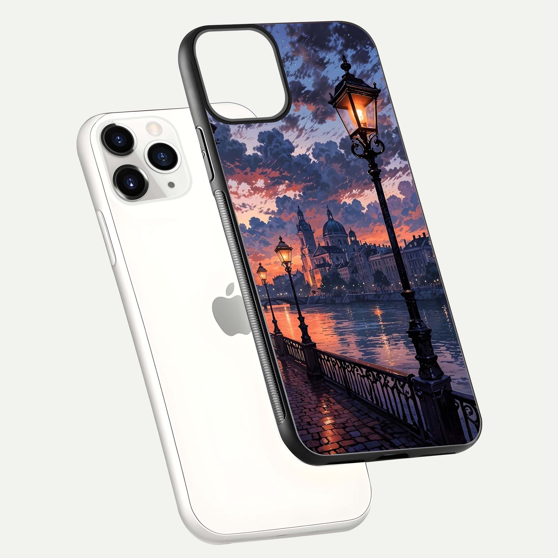Twilight River Lights Glass Case for iPhone 11 Pro floating dual-view mockup displaying gloss shine and vivid details