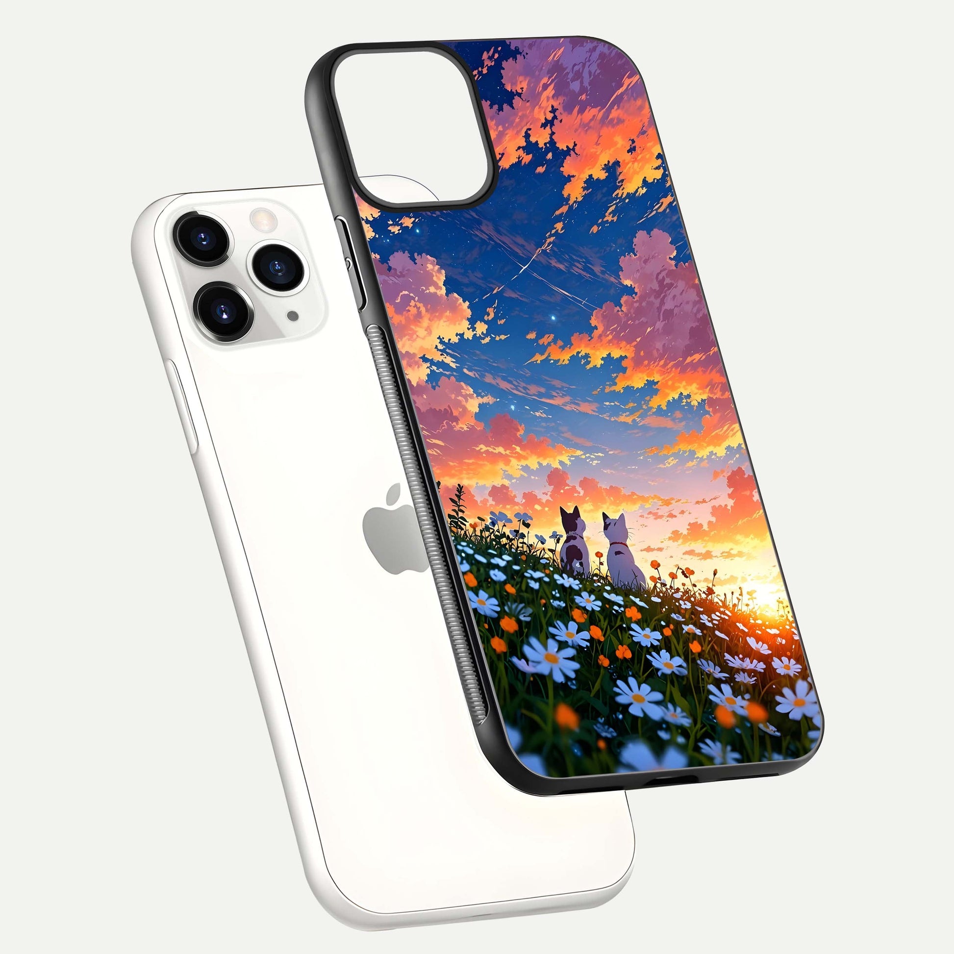 Two Cats Friends Glass Case for iPhone 11 Pro floating dual-view mockup displaying gloss surface and HD print
