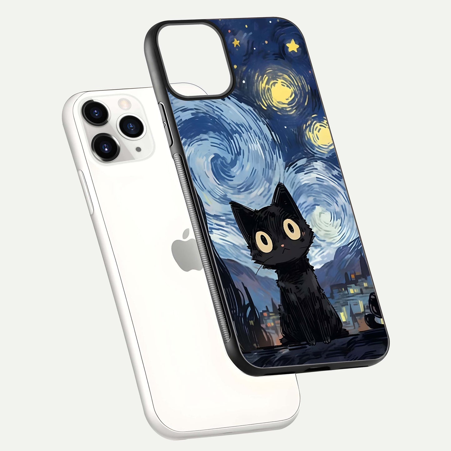 Van Gogh Cat Glass Case for iPhone 11 Pro floating dual-view mockup displaying gloss shine and artistic texture