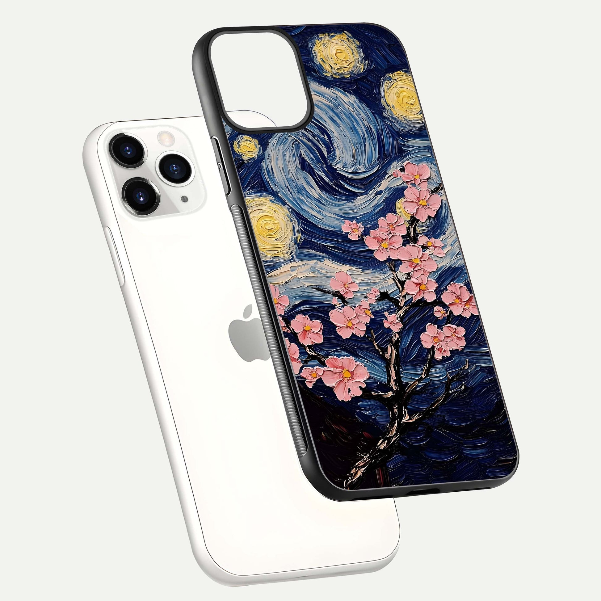 Van Gogh Scenery Glass Case for iPhone 11 Pro floating dual-view mockup displaying gloss reflection and HD quality