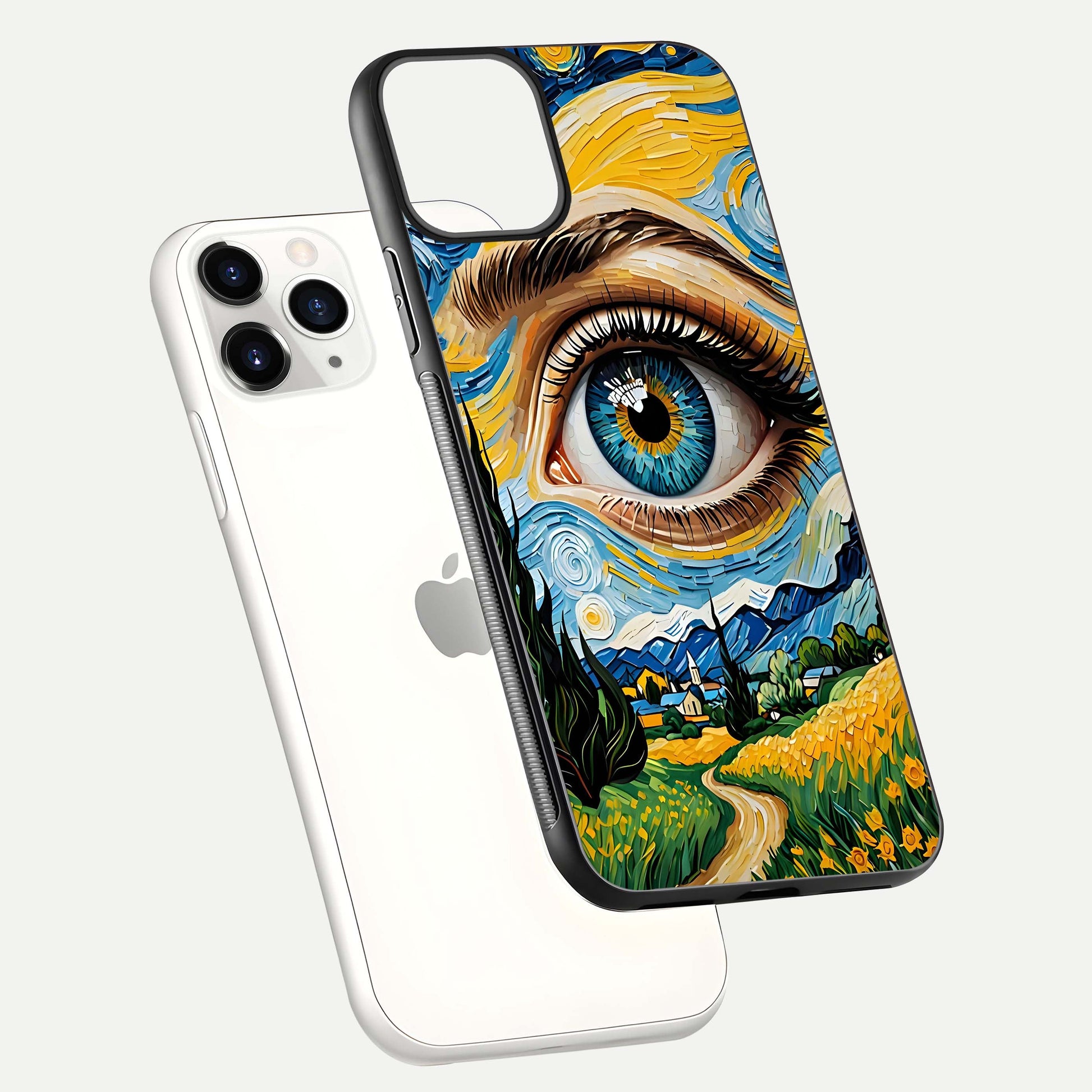 Van Gogh Eye Glass Case for iPhone 16 Pro floating dual-view mockup displaying gloss texture and depth