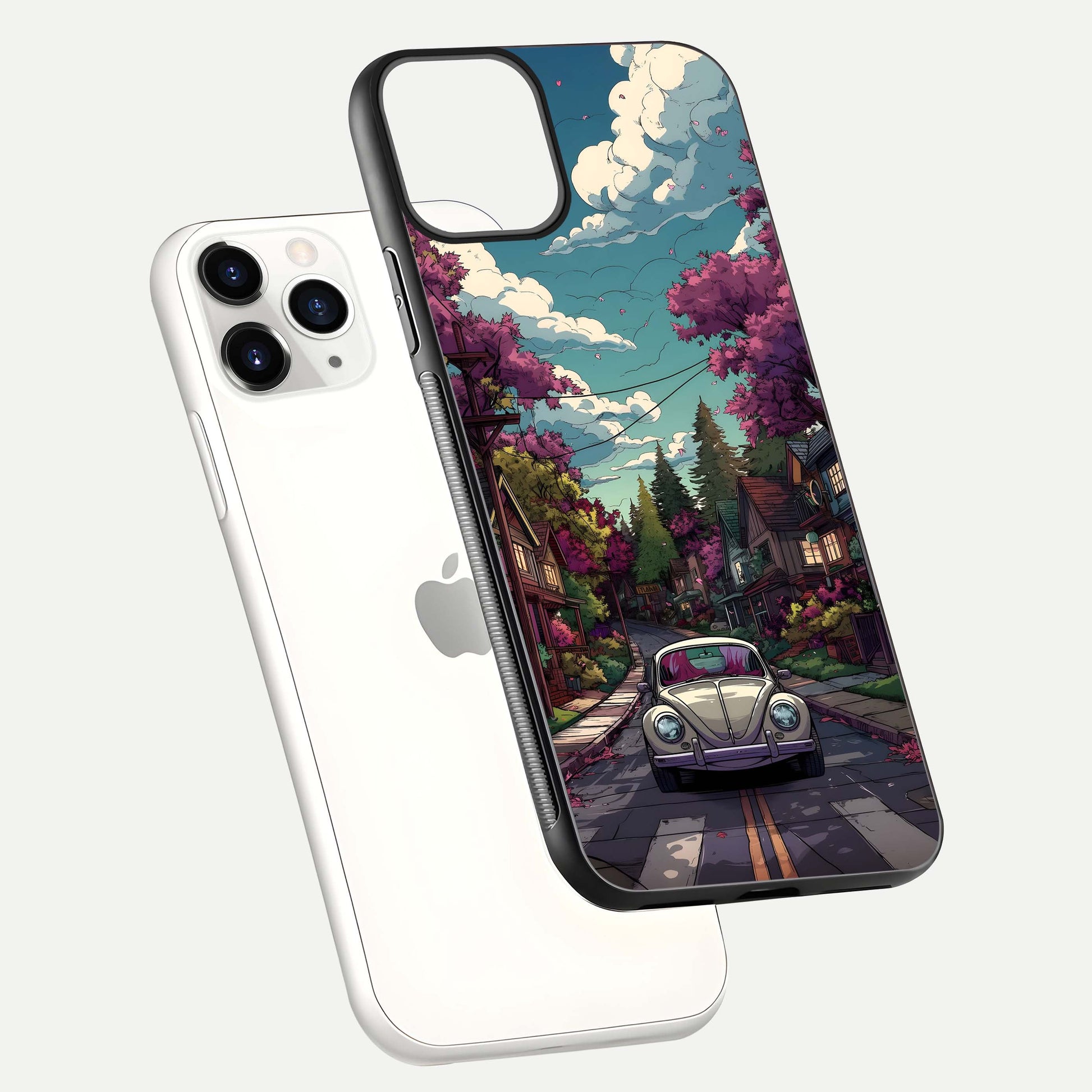 Vintage Street Drive Glass Case for iPhone 11 Pro floating dual-view mockup displaying gloss shine and texture