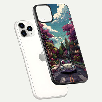 Vintage Street Drive Glass Case for iPhone 11 Pro floating dual-view mockup displaying gloss shine and texture