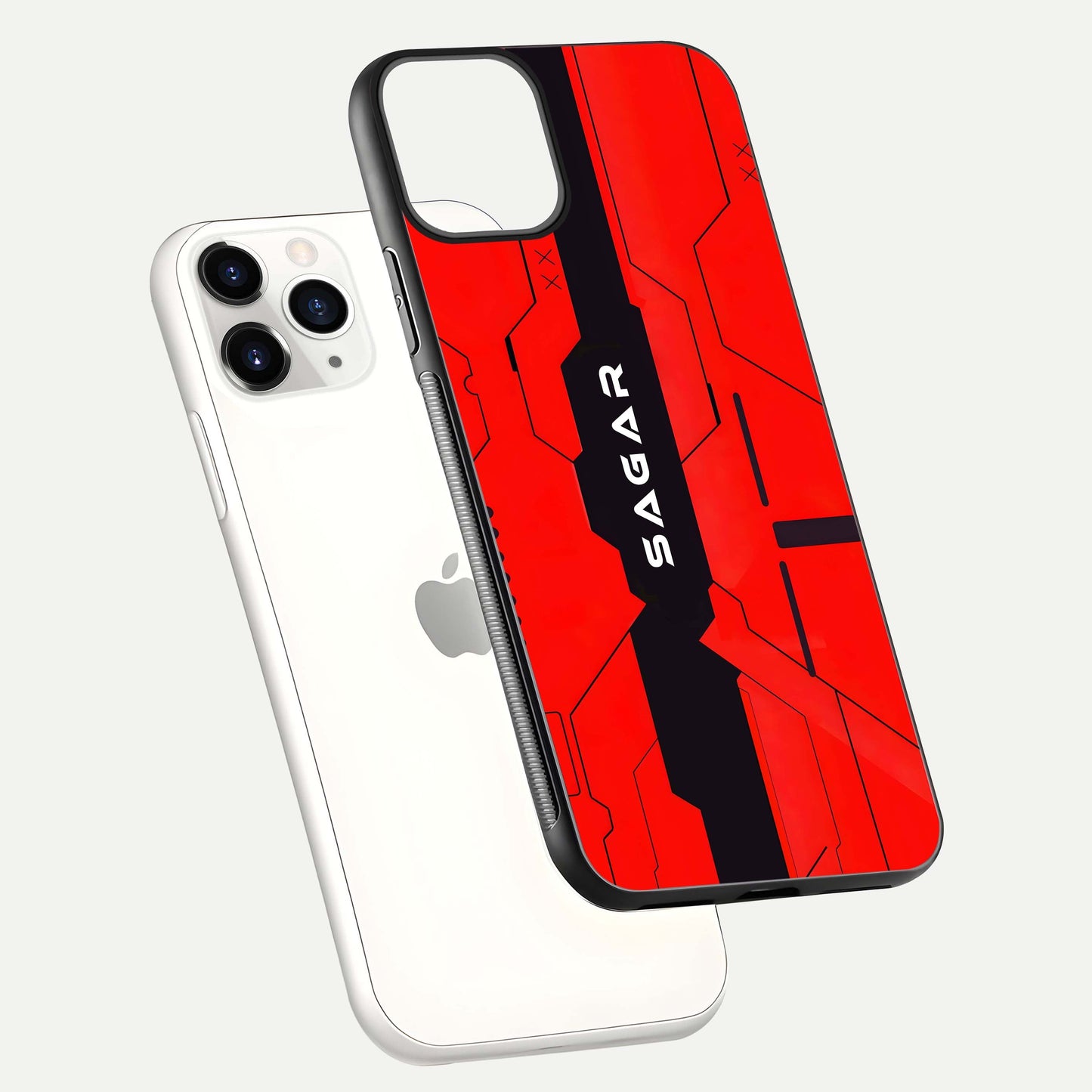 Voltage Rise CYBERPUNK Custom Name Glass Case for iPhone 11 Pro floating dual-view mockup displaying gloss shine and lighting