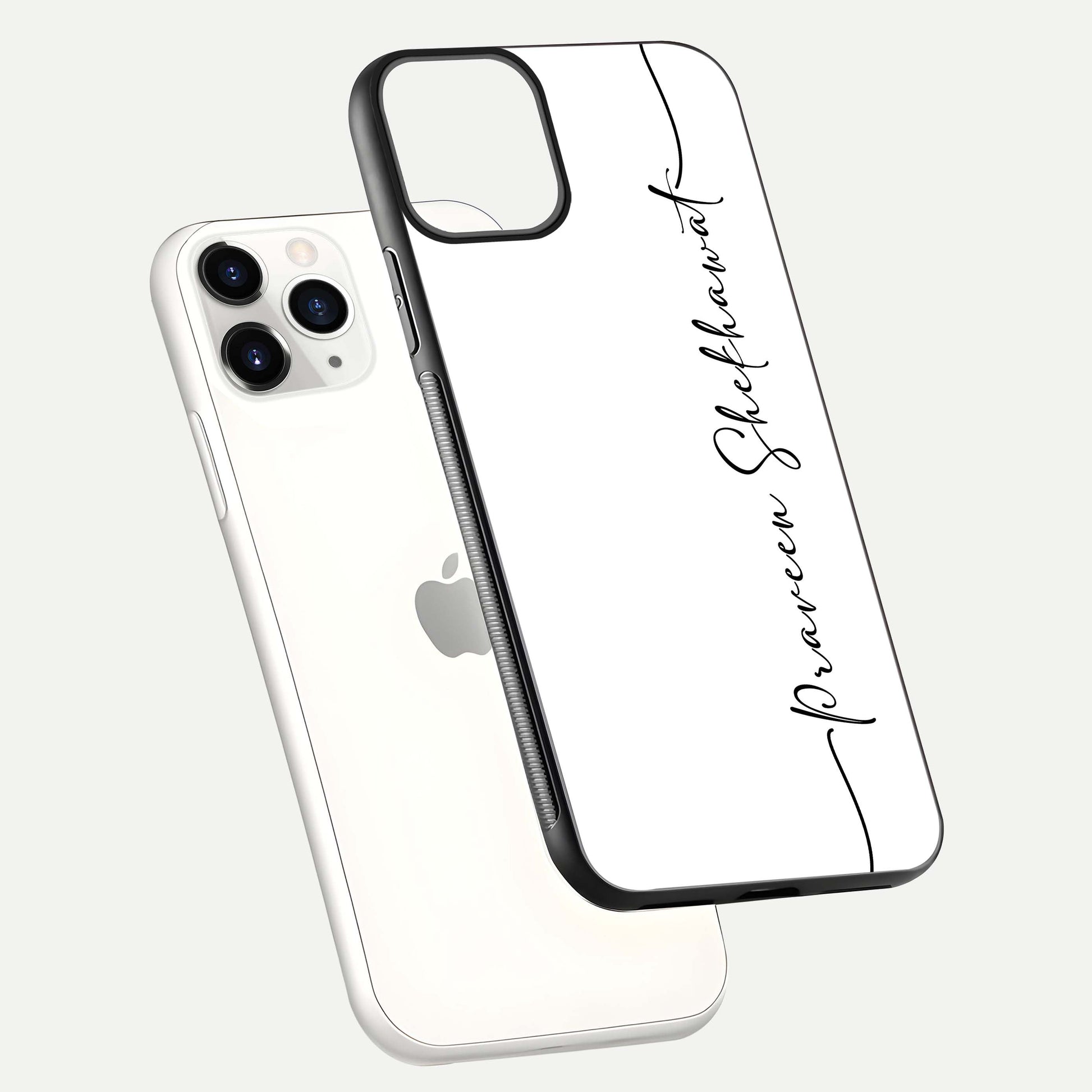 White Tune Custom Name Glass Case for iPhone 11 Pro floating dual-view mockup displaying gloss and HD detail
