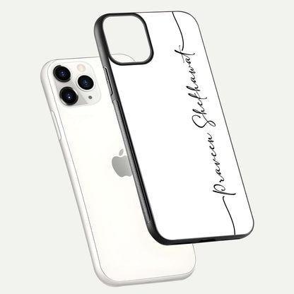 White Tune Custom Name Glass Case for iPhone 11 Pro floating dual-view mockup displaying gloss and HD detail