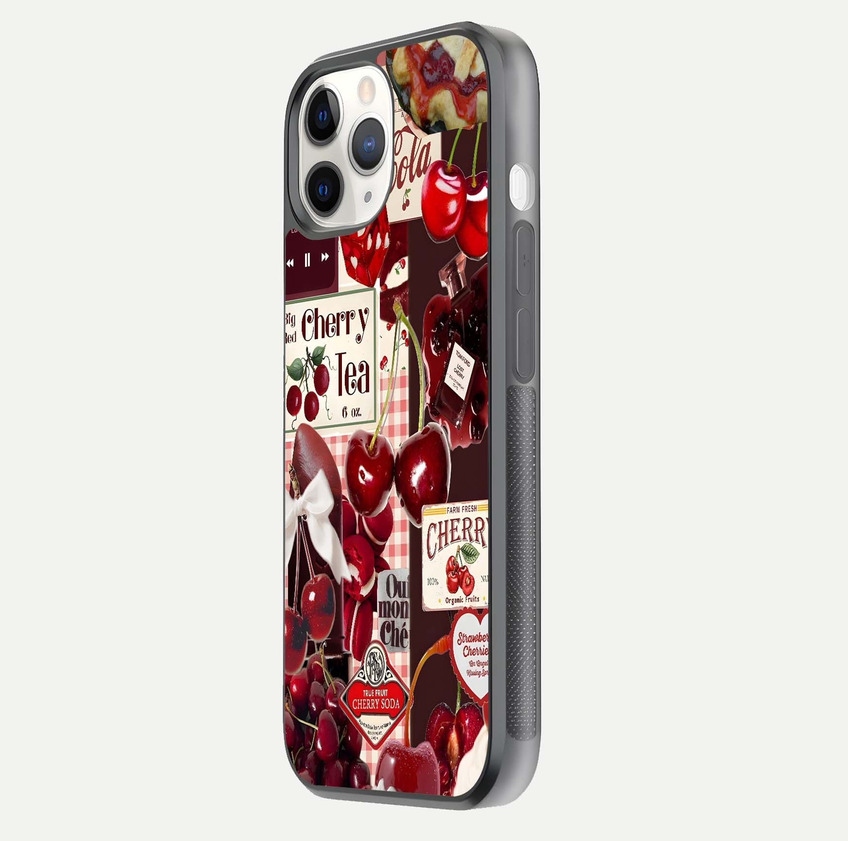 Aesthetic Cherry Tea Glass Case for iPhone 16 Pro side-angle image showing cherry collage print, camera module, and glossy finish reflection