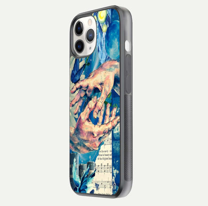 Aesthetic Divider Glass Case for iPhone 16 Pro side-angle image showing divider pattern print, camera module, and glossy finish reflection