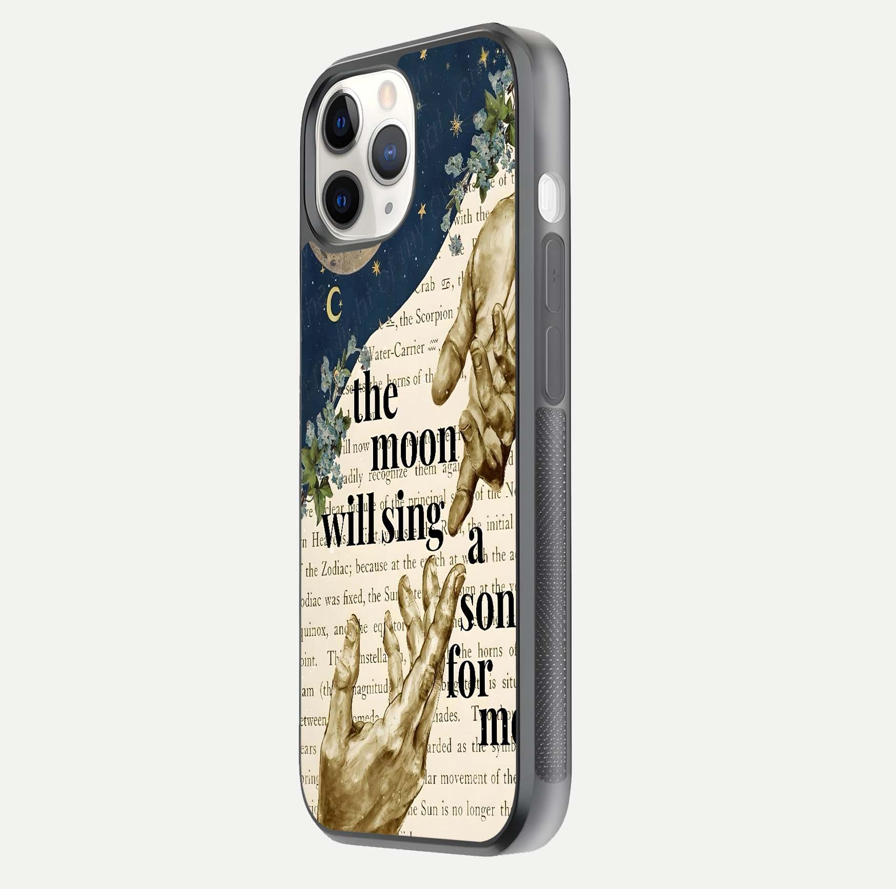 Aesthetic Divine Glass Case for iPhone 16 Pro side-angle image showing divine abstract design, camera module, and glossy finish reflection