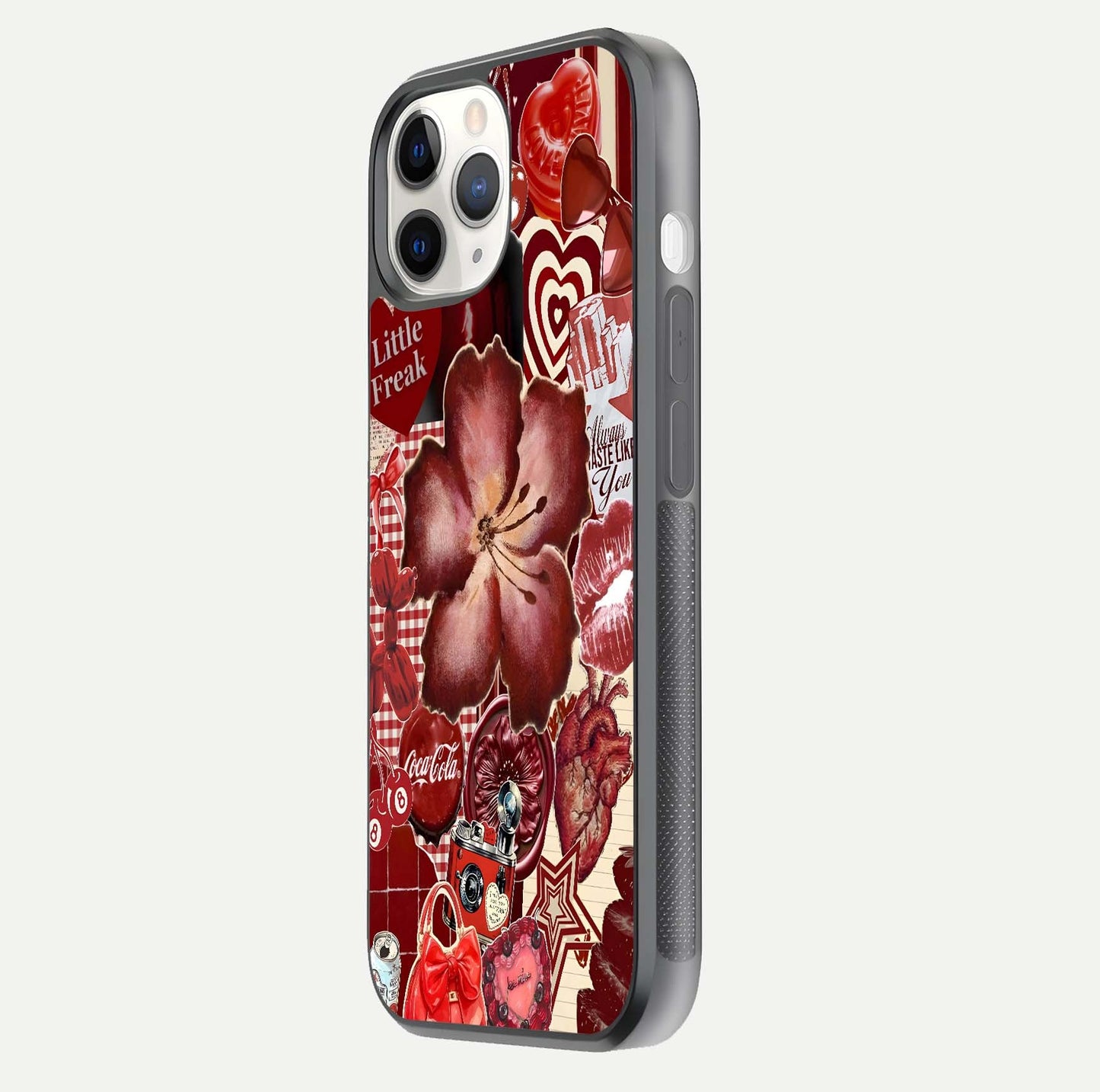 Aesthetic Little Freak Glass Case for iPhone 16 Pro side-angle image showing colorful design, camera module, and glossy finish reflection