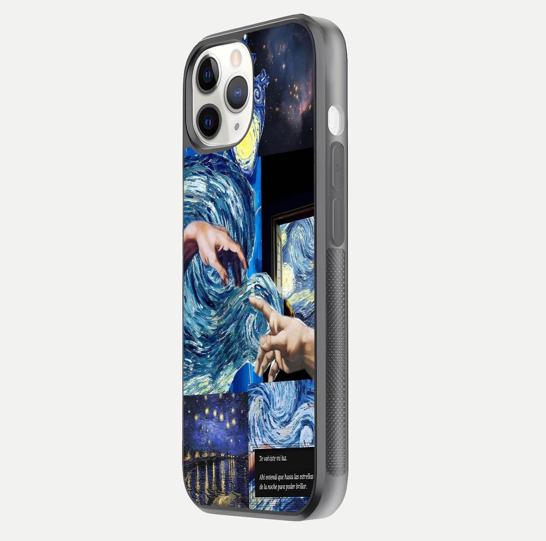 Aesthetic Vando Hands Glass Case for iPhone 16 Pro side-angle image showcasing hand design, protective edges, and gloss texture