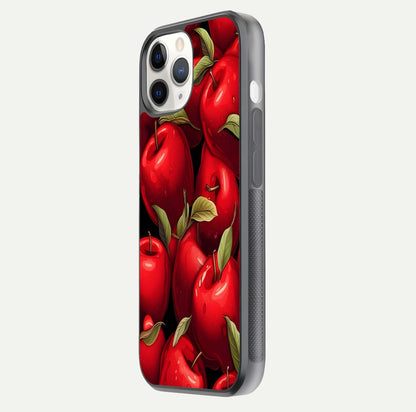 Apple Pattern Glass Case for iPhone 11 Pro side-angle image showcasing minimalist apple print and gloss reflection