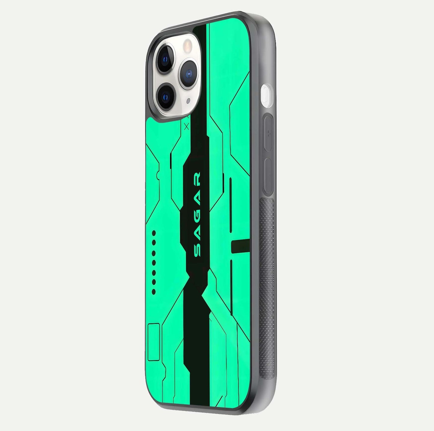 Aqua Tech CYBERPUNK Custom Name Glass Case for iPhone 16 Pro side-angle image with glowing edges and glossy surface