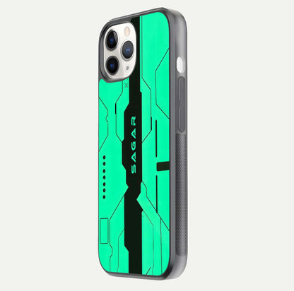 Aqua Tech CYBERPUNK Custom Name Glass Case for iPhone 16 Pro side-angle image with glowing edges and glossy surface