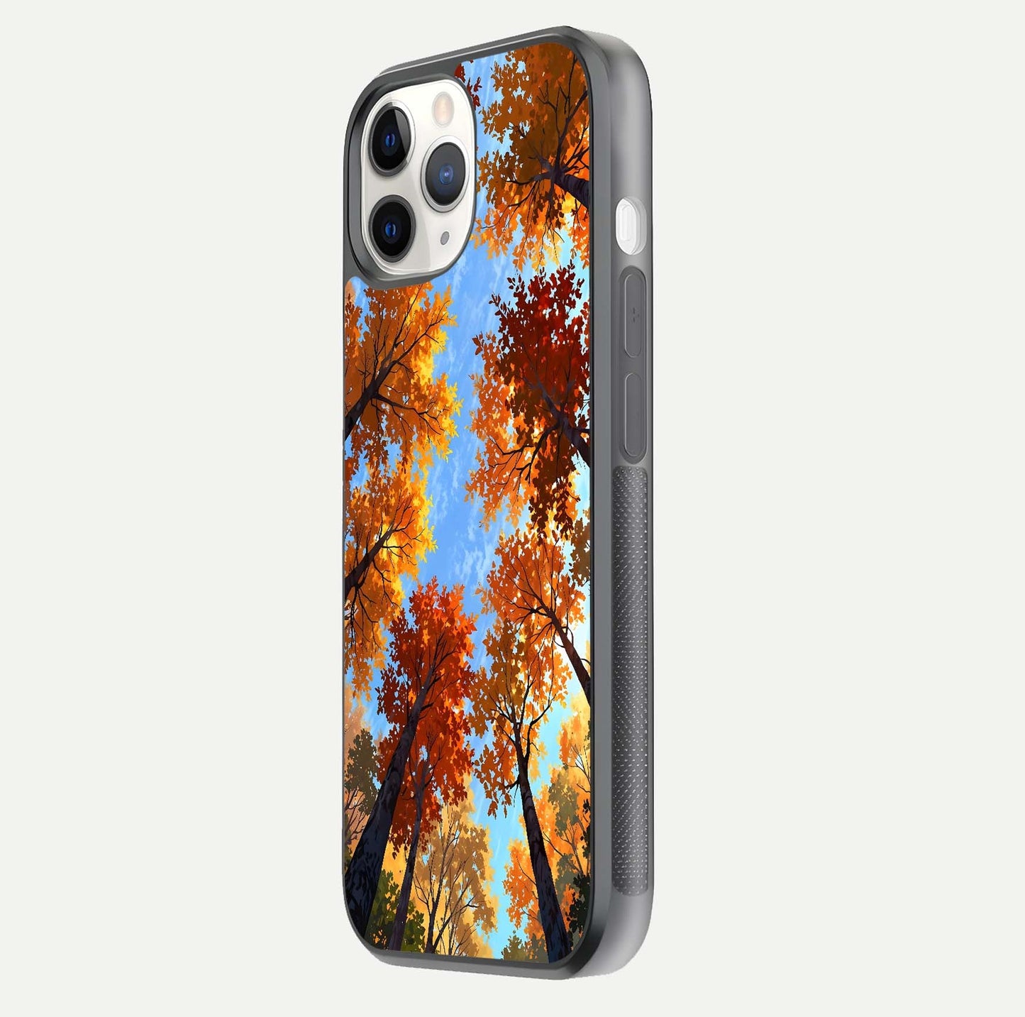 Autumn Sky Rise Glass Case for iPhone 11 Pro side-angle showing autumn art tones and protective corners