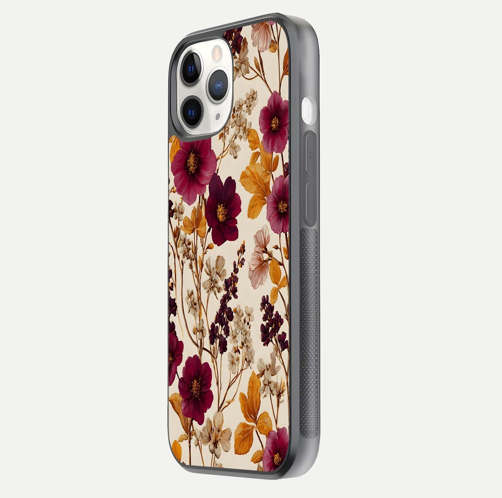 Autumn Wine Bloom Glass Case for iPhone 11 Pro side-angle showcasing floral design, texture gloss, and camera frame