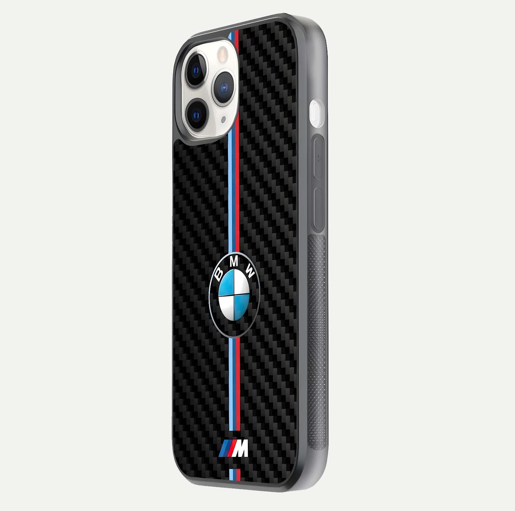 BMW Pattern Glass Case for iPhone 11 Pro side-angle image showing edge finish and luxury car-inspired shine
