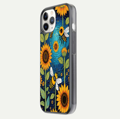 Bees & Sunflowers Glass Case for iPhone 11 Pro side-angle image showing bee pattern alignment and shiny protective surface