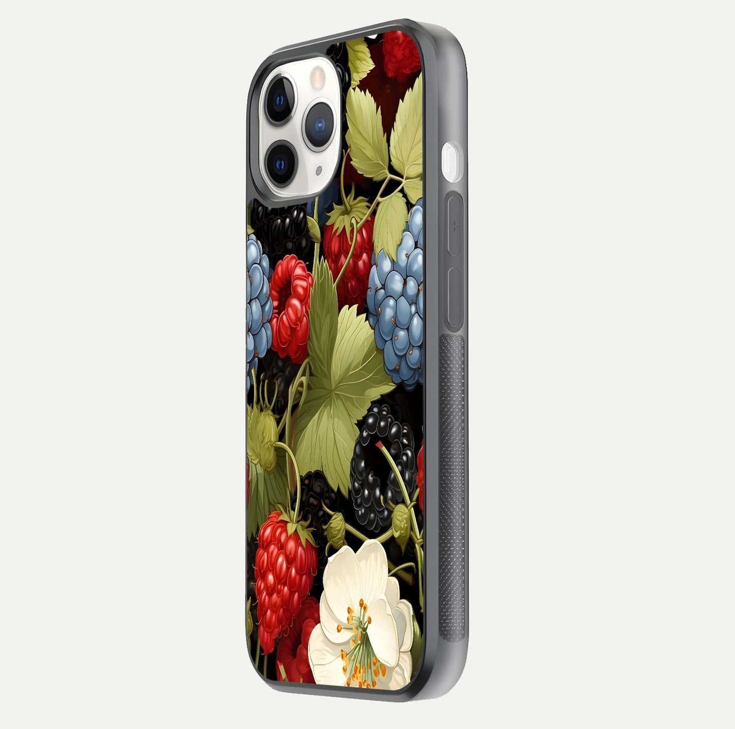 Berry Bloom Charm Glass Case for iPhone 11 Pro side-angle image showing floral texture and high-definition print gloss