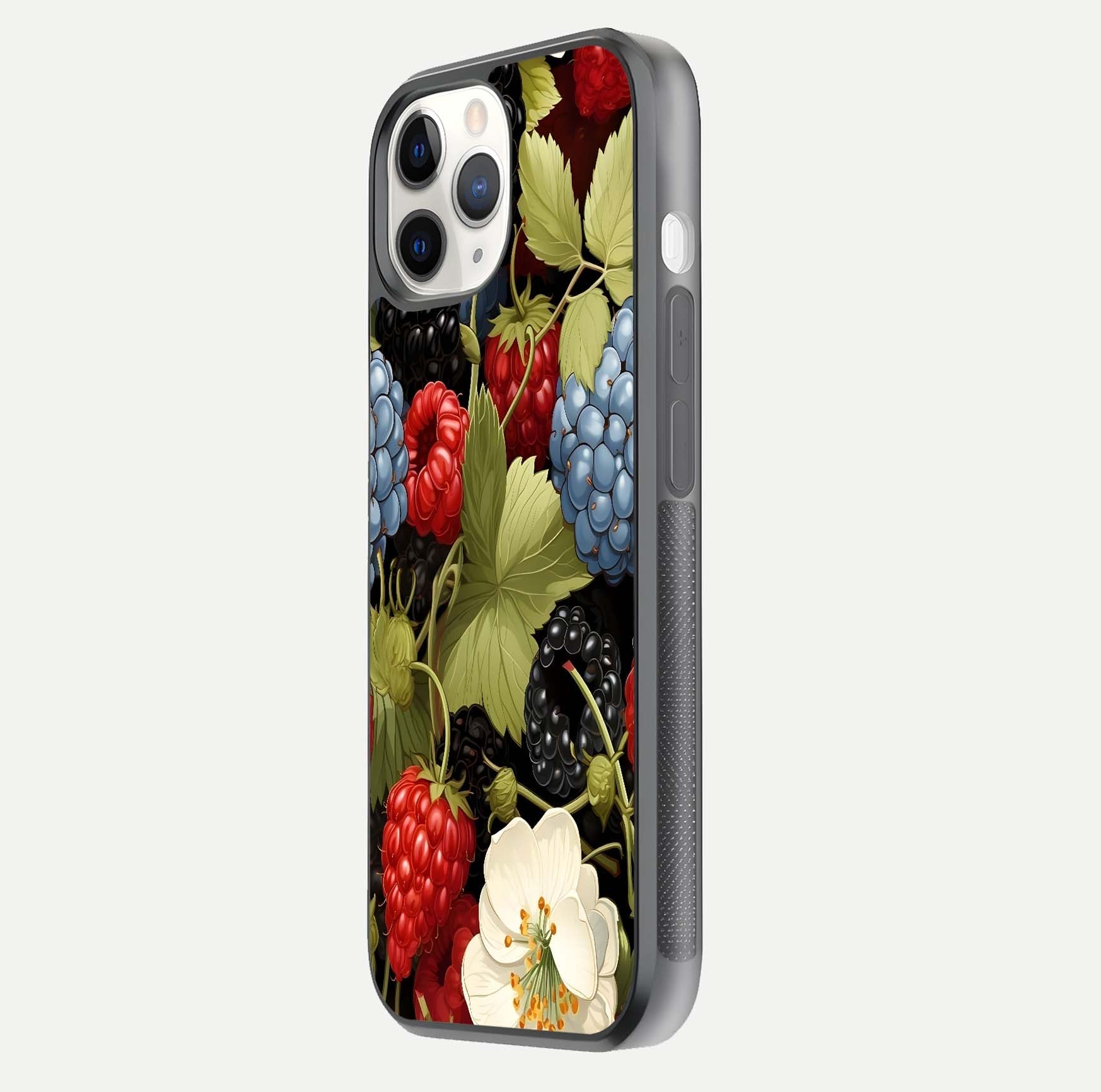 Berry Bloom Charm Glass Case for iPhone 11 Pro side-angle image showing floral texture and high-definition print gloss