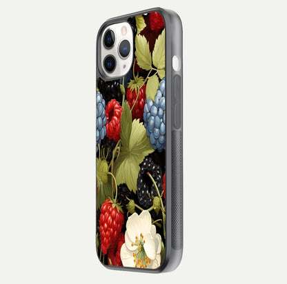 Berry Bloom Charm Glass Case for iPhone 11 Pro side-angle image showing floral texture and high-definition print gloss