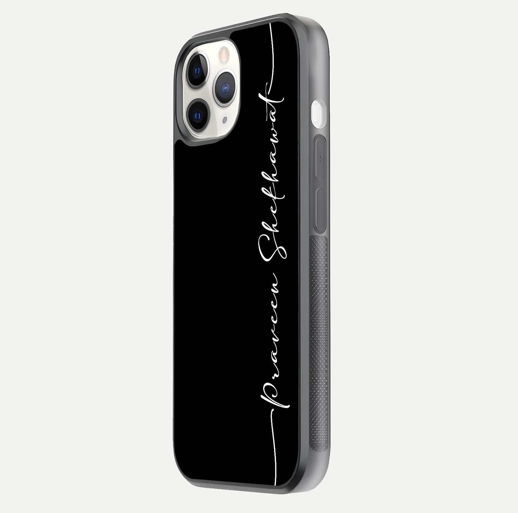 Black Tune Custom Name Glass Case for iPhone 16 Pro side-angle photo showing mirror-like surface and slim profile